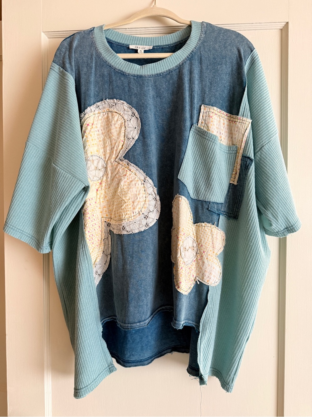 Oli & Hali Aqua and Denim Floral Appliqué Pullover